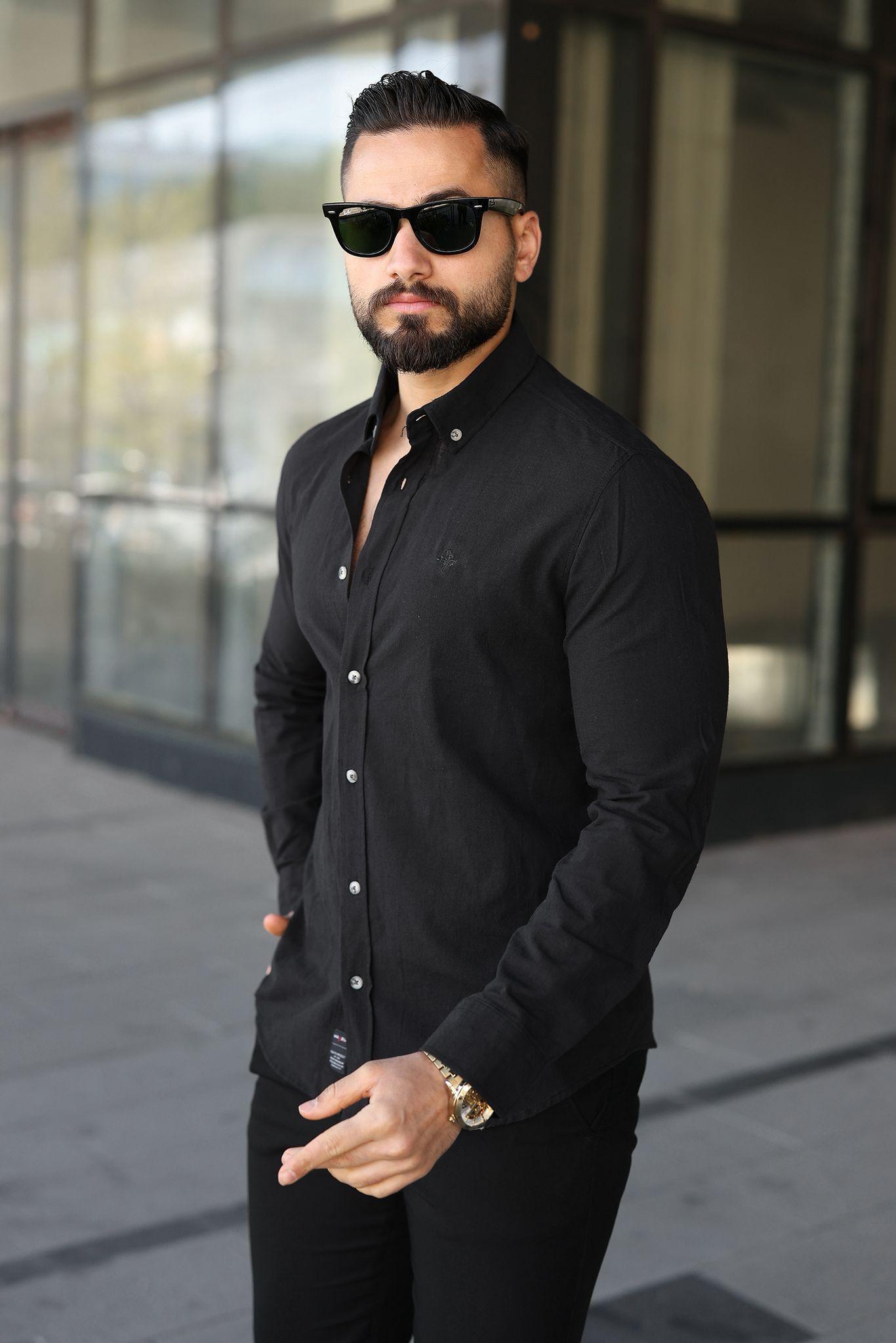 Müslin Keten Slim Fit Gömlek - Siyah